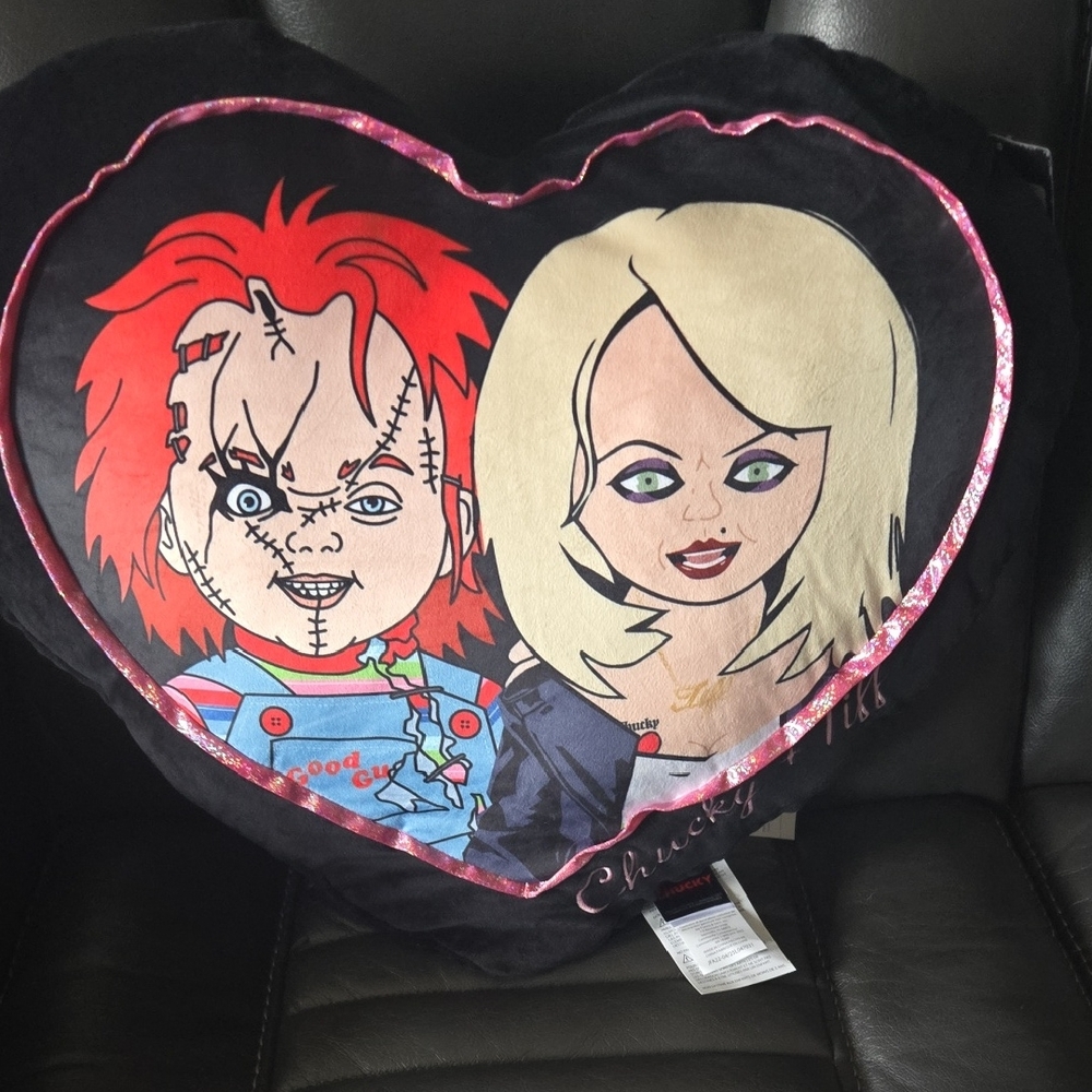 Heart-Shaped Chucky and Tiffany Pillow